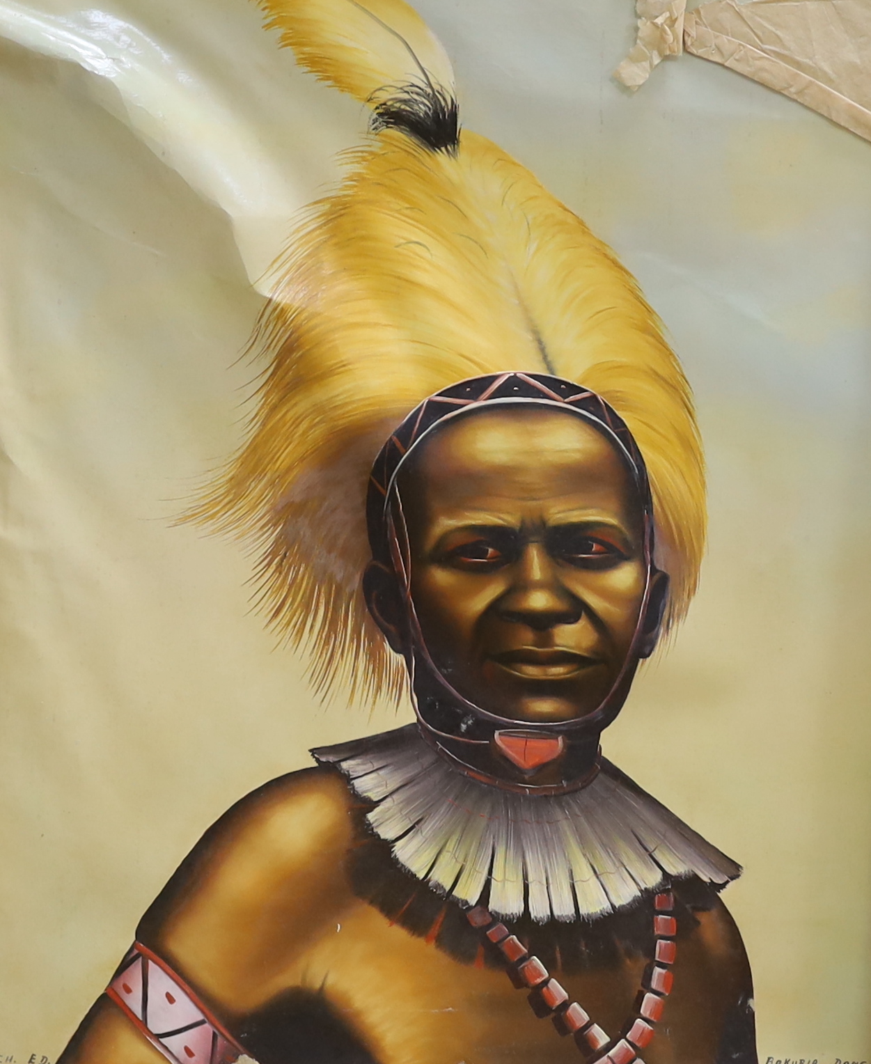 African School, four oils on canvas, including ‘Chief of Congo’ and ‘Bakuria Dance’, unframed, largest 72 x 62cm